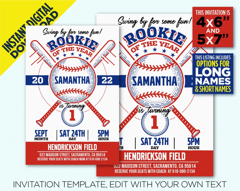 Rookie Of The Year Party Printable Invitation 1st Birthday Baseball Birthday Party Decoration EDIT YOURSELF At Home With