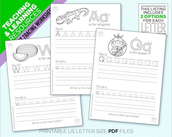 Op de afbeelding: Zwart-witte printbare werkblaadjes voor het traceren van de letters A, Q en W. Het werkblad bevat een afbeelding van een alligator voor de letter A, een koningin voor de letter Q en een watermeloen voor de letter W. De tekst "Deze lijst bevat 2 opties voor elke letter" staat rechtsboven in de afbeelding.