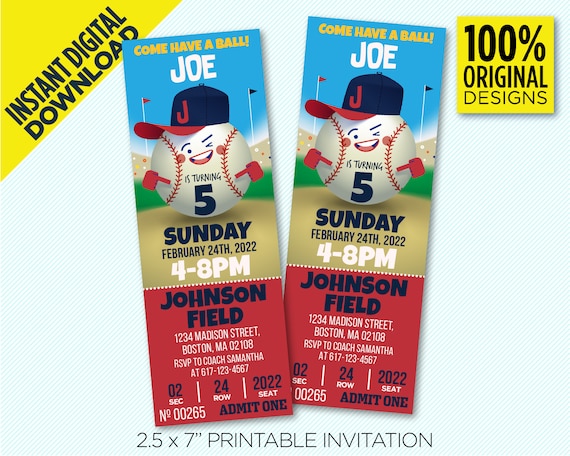 Boston Red Sox Ticket Birthday Party Printable Invitation Red 