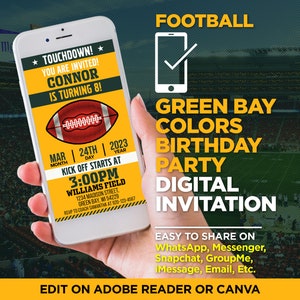 Green Bay Colors Football Team Birthday Party Digital Invitation | Green & Gold Invite | EDIT With Adobe Reader Or Canva, Share On WhatsApp