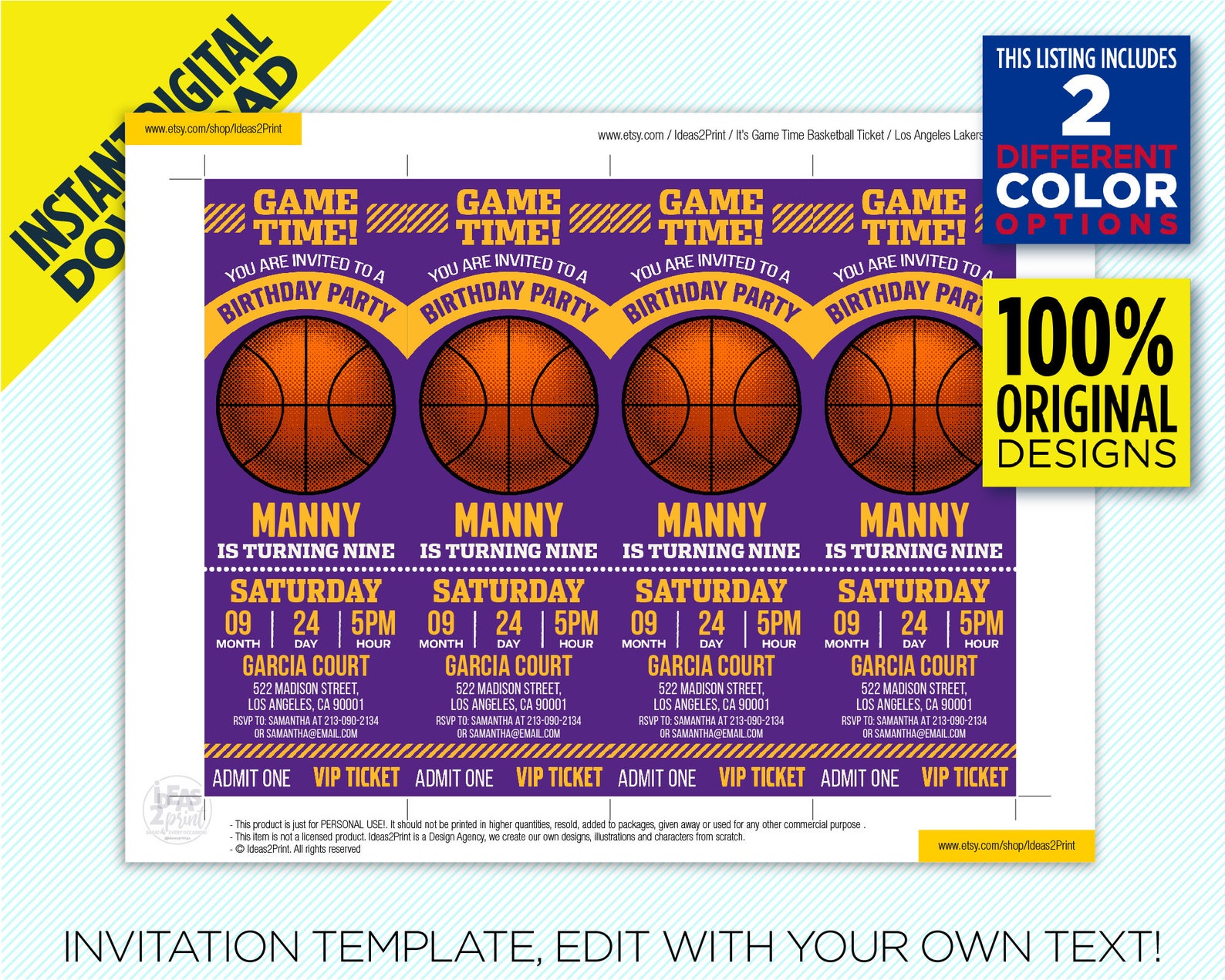 Los Angeles Lakers Ticket Printable Invitation LA Lakers - Etsy