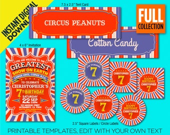 COLLECTION Circus Birthday Party, Includes Invitation, Favor Tags & Decoration, 60+ Pages! -Instant Digital Download, Edit Yourself-