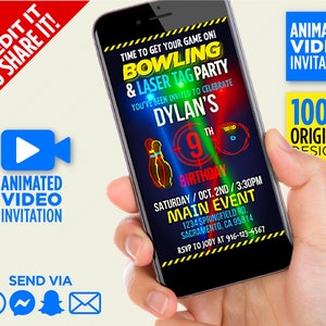 Bowling & Laser Tag Party Video Invitation, Boys And Girls Laser Tag Party, Bowling Birthday Party Video Invite, We Edit It, You Share It