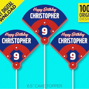 May include: Three 6.5 inch baseball-themed cake toppers with a red and blue color scheme. Each topper features a baseball field with the number 9 and the text "Happy Birthday Christopher".