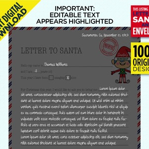 May include: A digital download of a letter to Santa Claus, with editable text fields. The letter is gray with red, white, and blue border stripes. Includes a Santa's Workshop graphic and the text "Letter to Santa and Envelope."