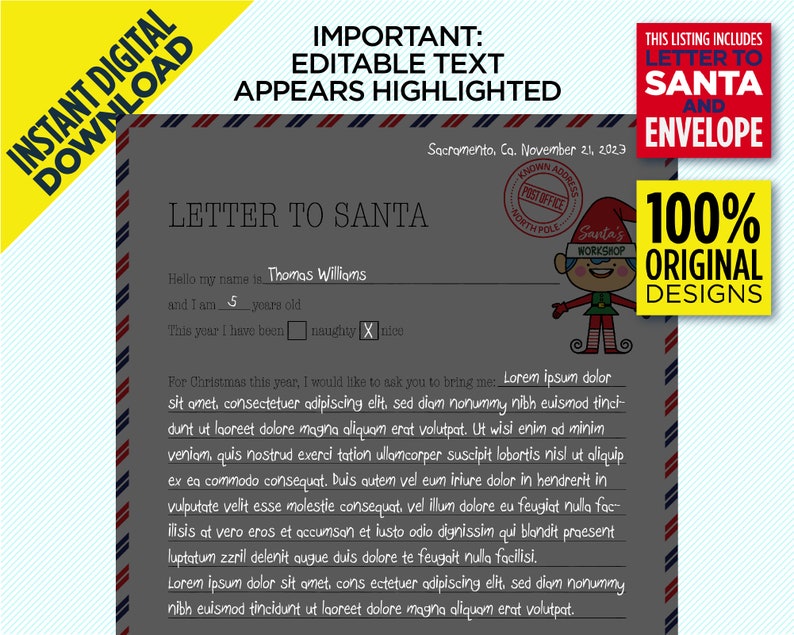 May include: A digital download of a letter to Santa Claus, with editable text fields. The letter is gray with red, white, and blue border stripes. Includes a Santa's Workshop graphic and the text "Letter to Santa and Envelope."