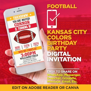 Peut inclure: Une invitation numérique pour une fête d'anniversaire sur le thème du football. L'invitation est sur un fond rouge avec un ballon de football et le texte "Touchdown! Vous êtes invités! Connor a 8 ans!" L'invitation comprend également la date et l'heure de la fête, le lieu et les informations de RSVP.