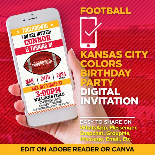 Invitación digital a la fiesta de cumpleaños del equipo de fútbol de Kansas City Colors - Red & Gold Evite - EDITAR con Adobe Reader o Canva, compartir en WhatsApp