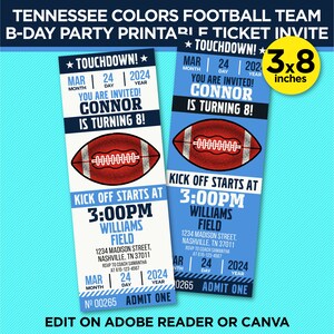 Tennessee Colors Football Team Birthday Party Printable Ticket Invitation - Navy & Blue Invite - EDIT At Home With Adobe Reader Or Canva
