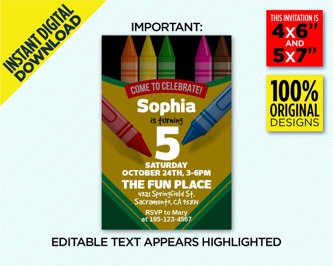 Crayon Birthday Party Printable Invitation 4x6 / - Etsy