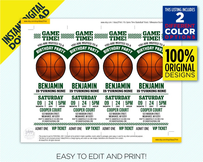 Milwaukee Bucks Ticket Printable Invitation Bucks Basketball Etsy