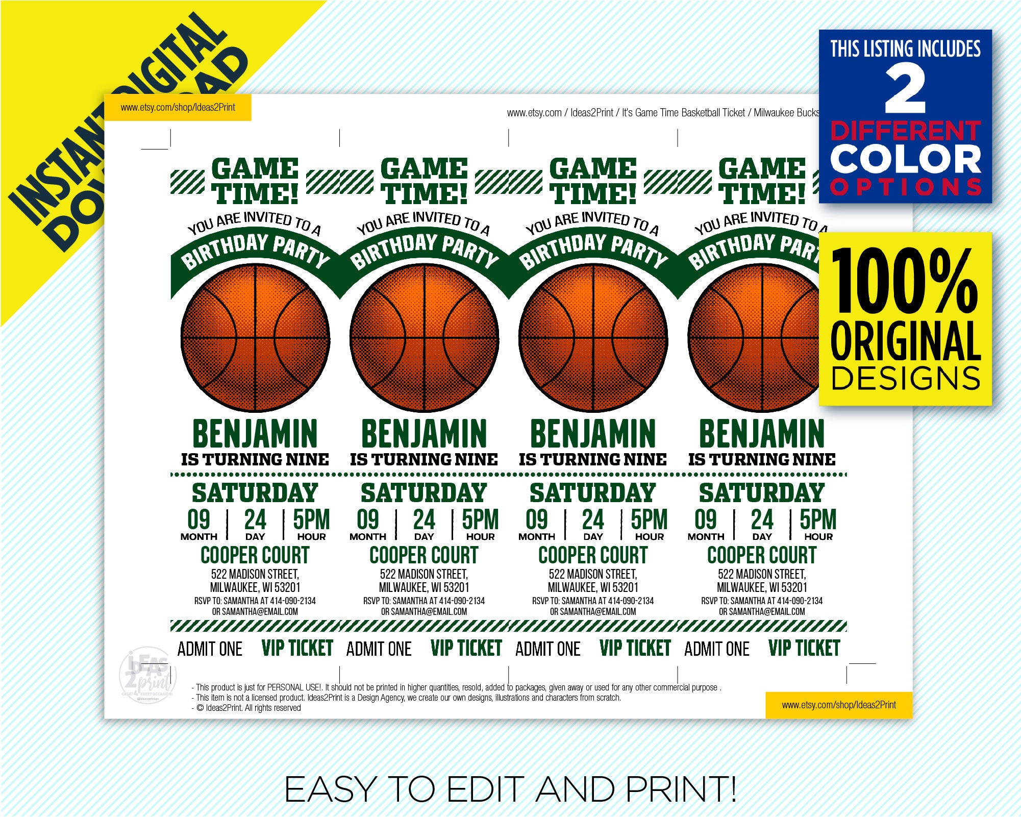 Milwaukee Bucks Ticket Printable Invitation Bucks Basketball Etsy