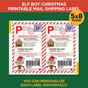 May include: Two printable 5x8 inch Christmas shipping labels featuring a red and white striped border. Each label has a gingerbread house, a cartoon elf, and the text "Priority Elf Delivery" and "Santa's Workshop".