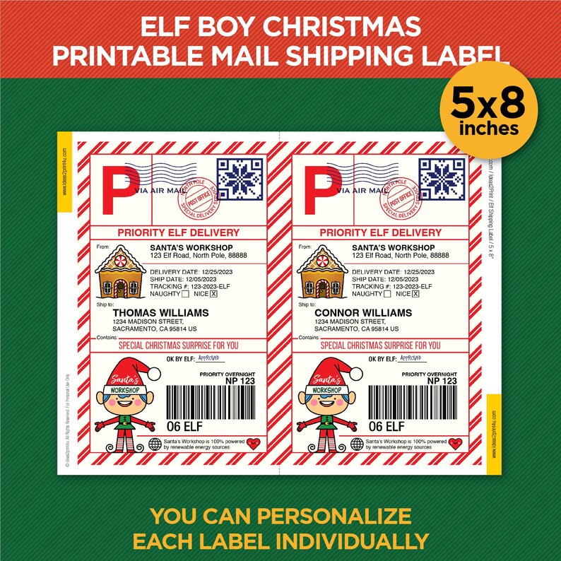 May include: Two printable 5x8 inch Christmas shipping labels featuring a red and white striped border. Each label has a gingerbread house, a cartoon elf, and the text "Priority Elf Delivery" and "Santa's Workshop".