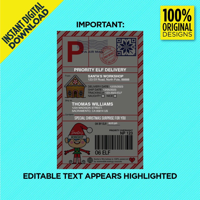 May include: A red and white printable Christmas card with a Santa's Workshop theme. The card features a gingerbread house, an elf, and a barcode. The text on the card reads "Priority Elf Delivery", "Santa's Workshop", "123 Elf Road, North Pole, 88888", "Delivery Date: 12/25/2023", "Ship Date: 12/05/2023", "Tracking # 123-2023-ELF", "Naughty X Nice", "Thomas Williams", "1234 Madison Street, Sacramento, CA 95814 US", "Special Christmas Surprise for You", "OK by Elf:  Priority Overnight NP 123", "06 Elf", "Santa's Workshop is 100% powered by renewable energy sources".