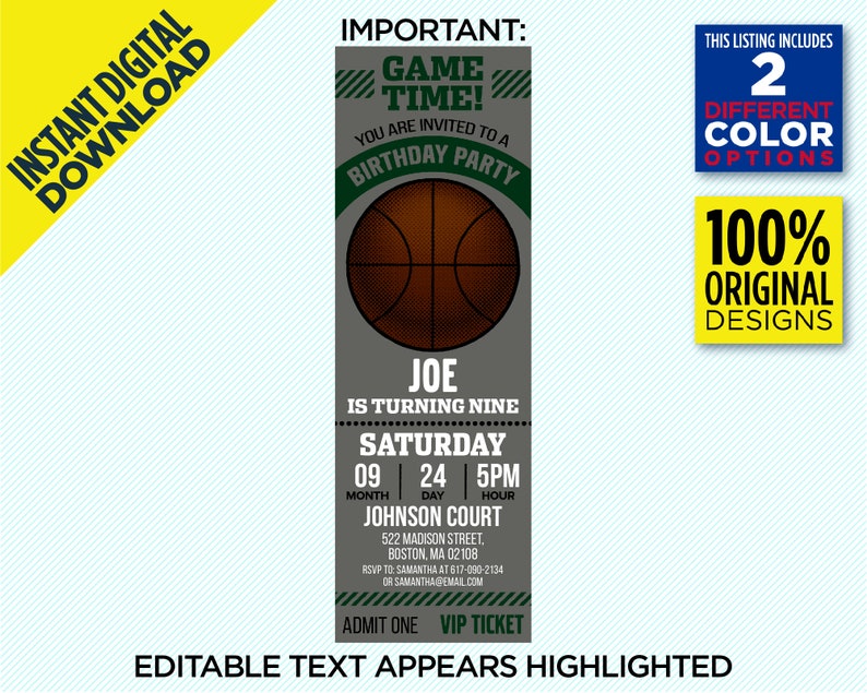 Boston Basketball Team Colors Printable Ticket Invitation Green & White Invite Template EDIT YOURSELF At Home With Adobe Reader Or Canva image 6