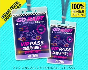 Op de afbeelding: Afdrukbare VIP-pas sjabloon voor een go-kart en lasergame feest. De pas is ontworpen met een neon roze en blauwe kleurschema en beschikt over een cartoon go-kart met een bestuurder. De tekst op de pas luidt "Go Kart & Laser Tag Party" en "VIP Pass Samantha's 8th Birthday Pit Crew". De pas is verkrijgbaar in twee formaten: 3 x 4 inch en 2,2 x 3,4 inch.