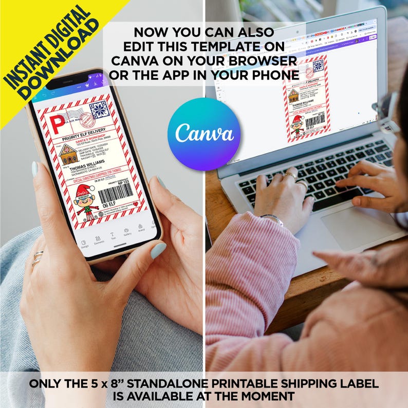May include: A digital printable shipping label template featuring a cartoon elf with a red hat and a red and white striped background. The label says "Priority Elf Delivery" and includes a space for the recipient's name and address. The text "NOW YOU CAN ALSO EDIT THIS TEMPLATE ON CANVA ON YOUR BROWSER OR THE APP IN YOUR PHONE" is displayed above the label. The text "ONLY THE 5 x 8" STANDALONE PRINTABLE SHIPPING LABEL IS AVAILABLE AT THE MOMENT" is displayed below the label.
