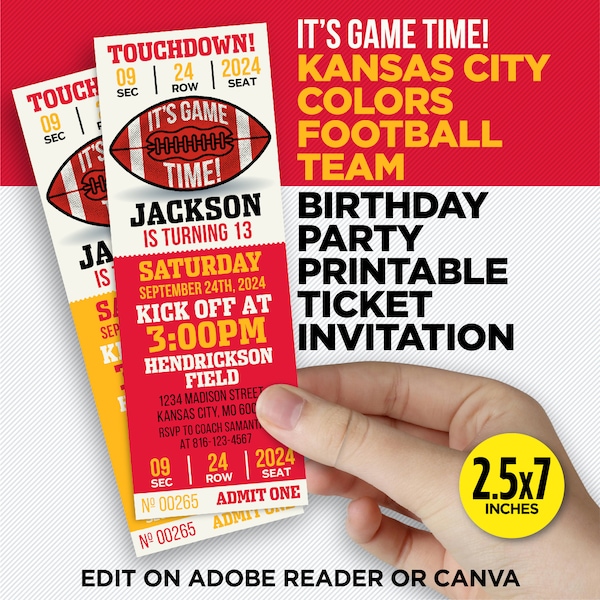 It's Game Time! - Kansas City Colors Football Team Birthday Party Printable Ticket Invitation - EDIT At Home With Adobe Reader Or Canva