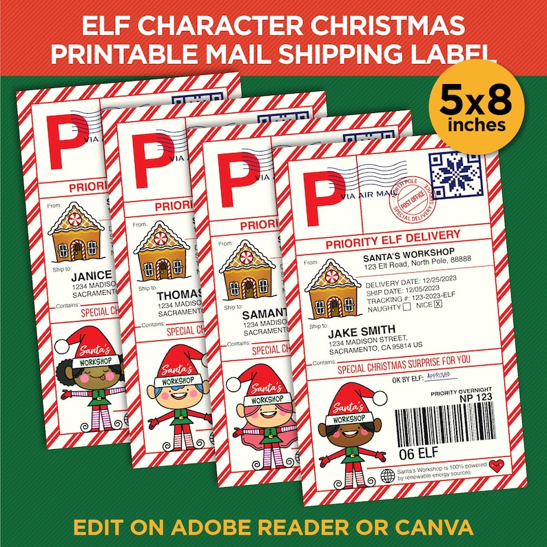 May include: Four printable 5x8 inch Christmas elf mail shipping labels with red and white striped backgrounds. Each label features a gingerbread house, an elf character, and the text "Priority Elf Delivery" and "Santa's Workshop".