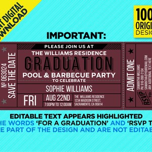 Op de afbeelding: Een maronkleurige uitnodiging in de vorm van een ticket met witte sterren en tekst die "Save the Date" en "Graduation Pool & Barbecue Party" luidt om Sophie Williams te vieren op vrijdag 22 augustus van 19:00 tot 00:00 uur. Het adres van de Williams Residence is opgenomen. De tekst "RSVP to" en "For a Graduation" maakt deel uit van het ontwerp en is niet bewerkbaar.