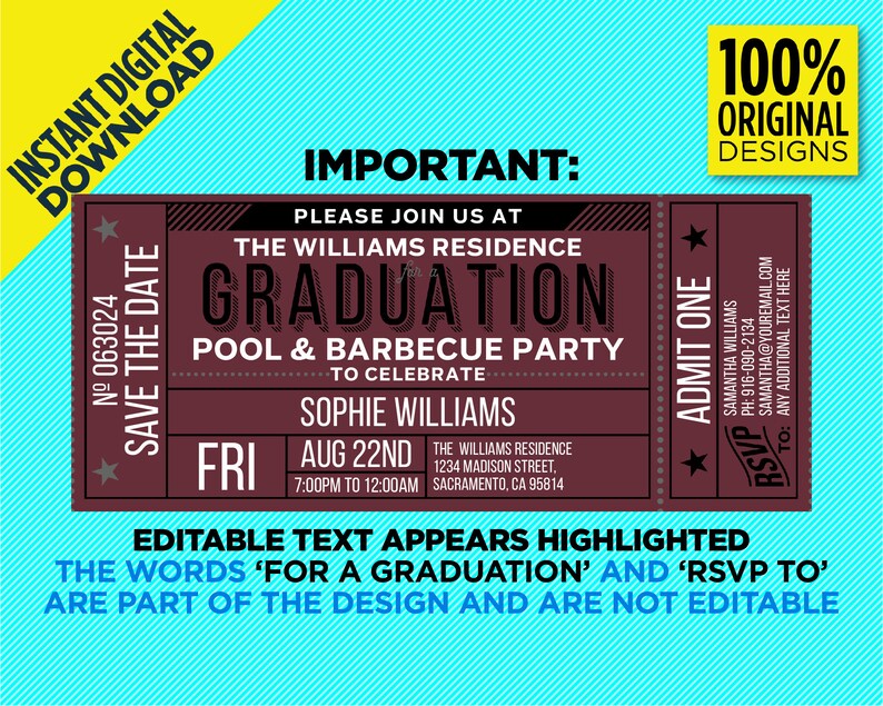 Op de afbeelding: Een maronkleurige uitnodiging in de vorm van een ticket met witte sterren en tekst die "Save the Date" en "Graduation Pool & Barbecue Party" luidt om Sophie Williams te vieren op vrijdag 22 augustus van 19:00 tot 00:00 uur. Het adres van de Williams Residence is opgenomen. De tekst "RSVP to" en "For a Graduation" maakt deel uit van het ontwerp en is niet bewerkbaar.