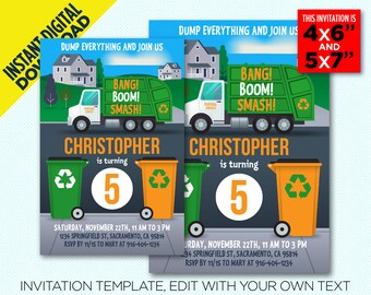 May include: A green and yellow garbage truck with the words "Bang! Boom! Smash!" on the side. The truck is driving down a street with houses in the background. The text "Christopher is turning 5" is on the invitation. The invitation is for a birthday party and includes the date, time, and location. The invitation is available in 4x6 and 5x7 inch sizes.