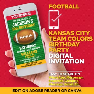 Kansas City Football Team Colors Birthday Party Evite - KC Digital Invitation - EDIT With Adobe Reader Or Canva, Share On WhatsApp
