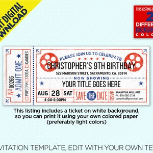 Movie Ticket Birthday Party Printable Invitation, Vintage Style, Movie ...