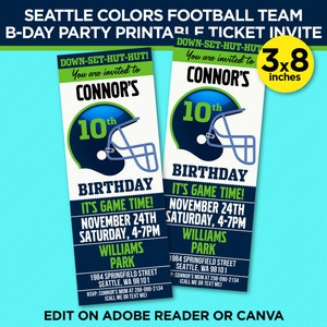 Seattle Colors Football Team Birthday Party Printable Ticket Invitation - Navy & Green Invite Template - EDIT With Adobe Reader Or Canva
