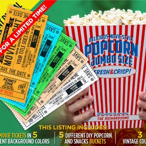 Just For A Limited Time!!! Vintage Movie Night Ticket Invitation + 3 Coupons + DIY Snacks & Popcorn Buckets- Instant Digital Download