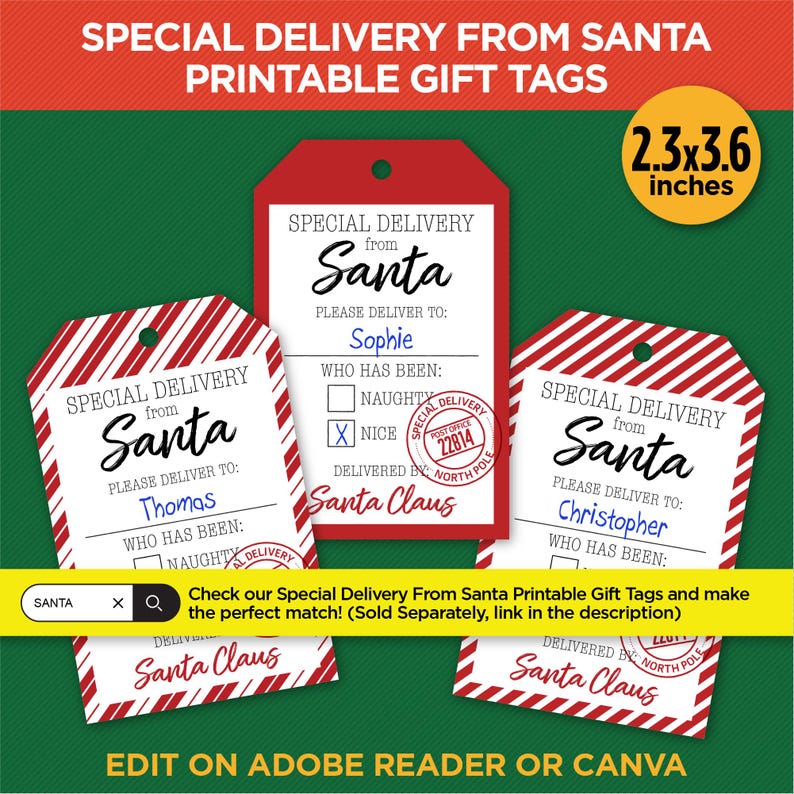 May include: Printable Christmas gift tags with a red and white striped design. The tags read "Special Delivery from Santa" and include space for the recipient's name and whether they've been naughty or nice. The tags measure 2.3 x 3.6 inches.