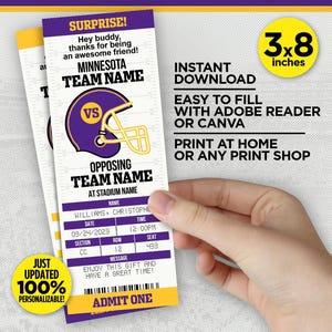 Minnesota Colors Football Team Überraschungs-Spielticket | Lila & Gold Spiel Geschenk offenbaren Vorlage | BEARBEITEN mit Adobe Reader oder Canva