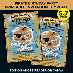¡Ahoy, camaradas! Invitación imprimible para fiesta pirata: plantilla de invitación con mapa del tesoro. EDITAR USTED MISMO en casa con Adobe Reader o Canva