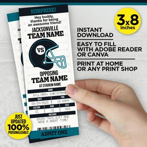 Jacksonville Colors Football Team Überraschungs-Spielticket | Türkis und Schwarz Spiel Geschenk offenbaren Vorlage | BEARBEITEN mit Adobe Reader oder Canva
