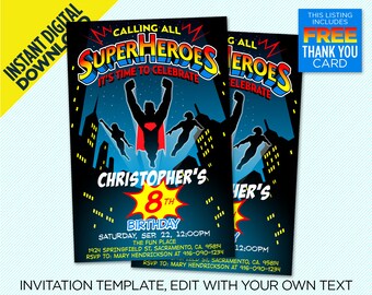 May include: A superhero-themed birthday party invitation with a blue background and a silhouette of a superhero flying in the sky. The text reads "Calling All Superheroes It's Time To Celebrate" and "Christopher's 8th Birthday".