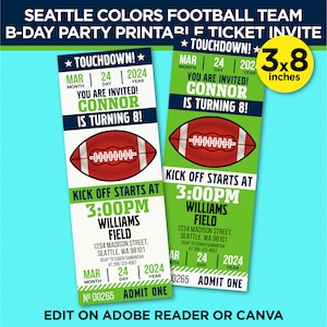 Seattle Colors Football Team Birthday Party Printable Ticket Invitation - Navy & Green Invite - EDIT At Home With Adobe Reader Or Canva