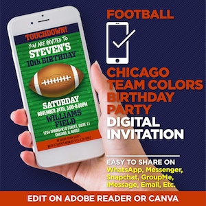 Chicago Navy & Orange Football Team Birthday Party Evite - Chicago Colors Digital Invite - EDIT With Adobe Reader Or Canva Share On WhatsApp