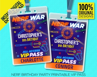 Pase VIP imprimible personalizable de Nerf Party - Nombres de invitados personalizados- Insignia Vip de Dart Wars - Descarga instantánea - EDITAR USTED MISMO en casa