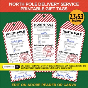 May include: Three printable gift tags with a North Pole Delivery Service theme. Each tag features a red and white striped border, a red circle with the words "Special Delivery" and "Post Office 22814", and a space to write a name. The tags are 2.3 inches by 5.3 inches.
