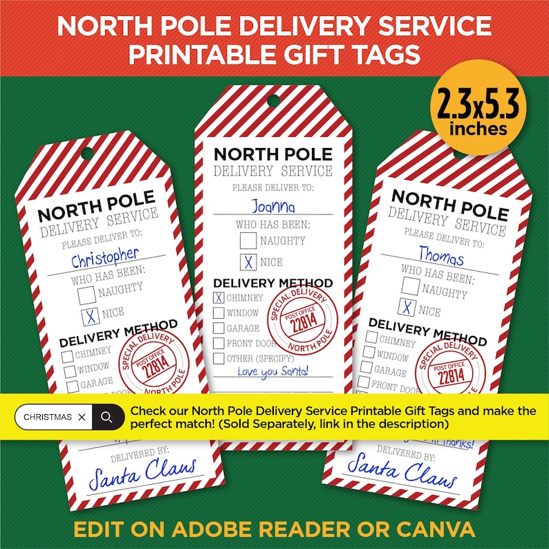 May include: Three printable gift tags with a North Pole Delivery Service theme. Each tag features a red and white striped border, a red circle with the words "Special Delivery" and "Post Office 22814", and a space to write a name. The tags are 2.3 inches by 5.3 inches.