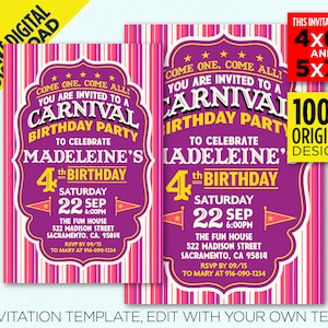 Carnival Birthday Party Printable Invitation, Pink & Purple Carnival Party, Come One, Come All, Instant Download, Edit Yourself At Home