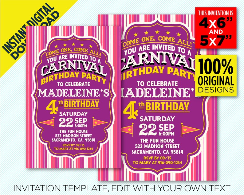 Carnival Birthday Party Printable Invitation Pink Purple Carnival Party Come One Come All Instant Download Edit Yourself At
