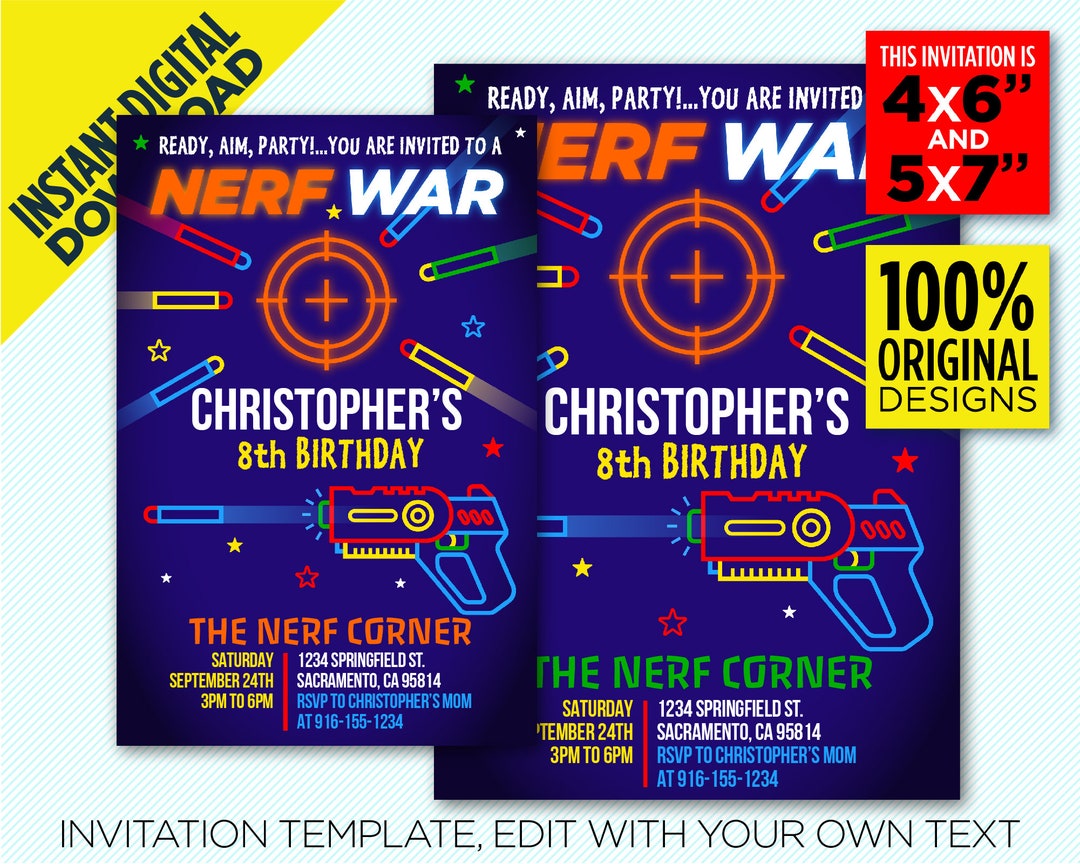 Nerf Party Printable Invitation Nerf War Birthday Party Etsy