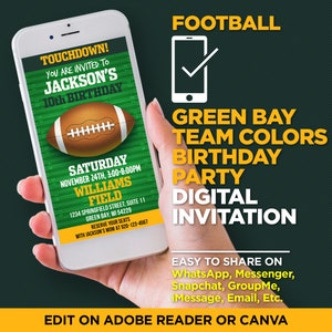 Green Bay Green & Gold Football Team Birthday Party Evite - Green Bay Digital Invite - EDIT With Adobe Reader Or Canva, Share On WhatsApp