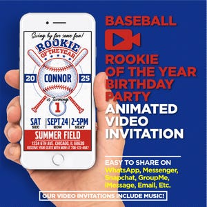 Rookie Of The Year Baseball Birthday Party Animated Video Invitation | First Birthday | Personalized & Ready To Share On WhatsApp, Etc.