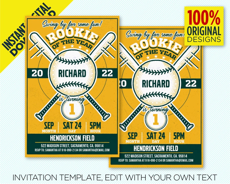 Green Gold Rookie Of The Year Baseball Birthday Party Invitation Vintage Baseball Party Instant Digital Download Edit