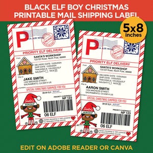 Printable Black Elf Boy Shipping Label - Christmas Delivery Mail Labels - Instant Download - EDIT YOURSELF With Adobe Reader Or Canva
