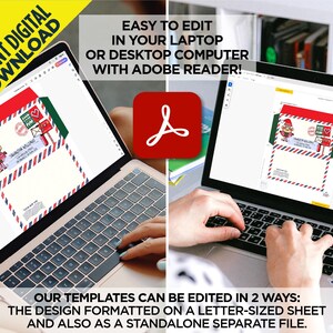 Op de afbeelding: Een digitale download van een afdrukbare kerst-elfenvelopsjabloon. De sjabloon wordt weergegeven op een laptopscherm met het Adobe Reader-logo op de achtergrond. De tekst "EASY TO EDIT IN YOUR LAPTOP OR DESKTOP COMPUTER WITH ADOBE READER!" wordt boven het logo weergegeven. De tekst "OUR TEMPLATES CAN BE EDITED IN 2 WAYS: THE DESIGN FORMATTED ON A LETTER-SIZED SHEET AND ALSO AS A STANDALONE SEPARATE FILE." wordt onder het laptopscherm weergegeven.