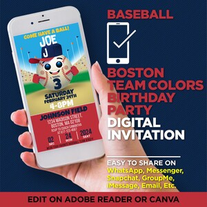 Boston Baseball Team Colors Birthday Party Digital Invitation - Red & Blue Invite Template - EDIT YOURSELF With Adobe Reader Or Canva